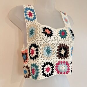 Crochet Granny Square Crop Top Sz M Tank Sleeveless Boho Hippie Colorful